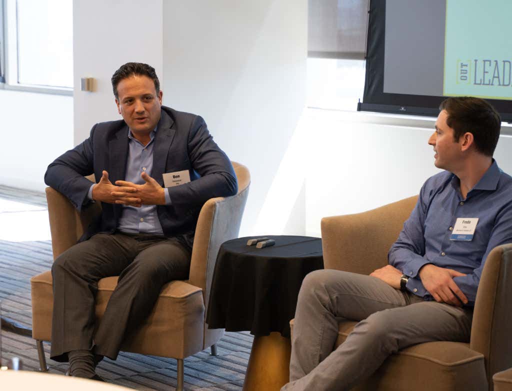 Fredo Silva chats with TPG partner Ben Holzemer during Out Leadership’s Board Fit Workshop